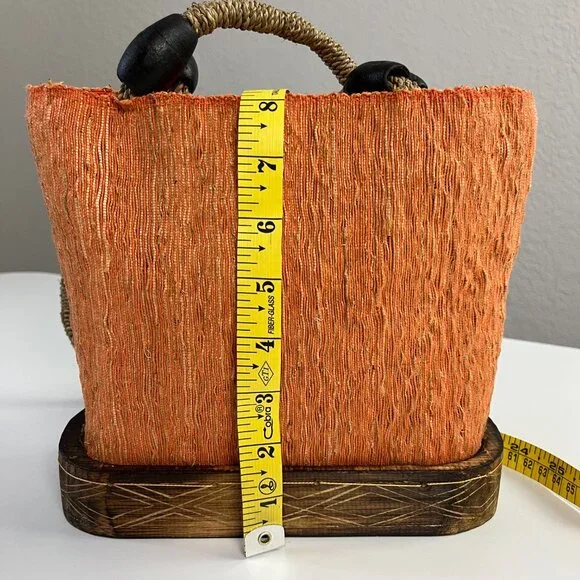 Orange Brown Natural Woven Wood Purse Tote Shoulder Bag Zip Closure - Picture 14 of 16